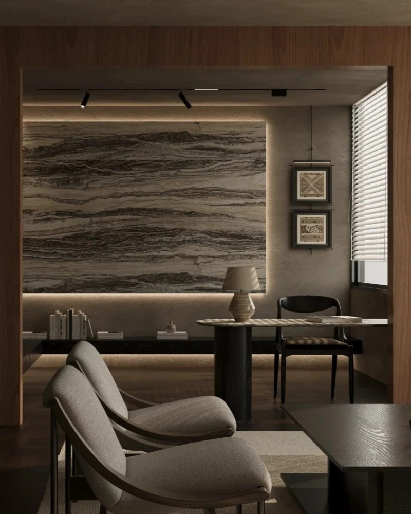 Book-Matched Sintered Stone TV Accent Wall Book-Matched Sintered Stone TV Accent Wall